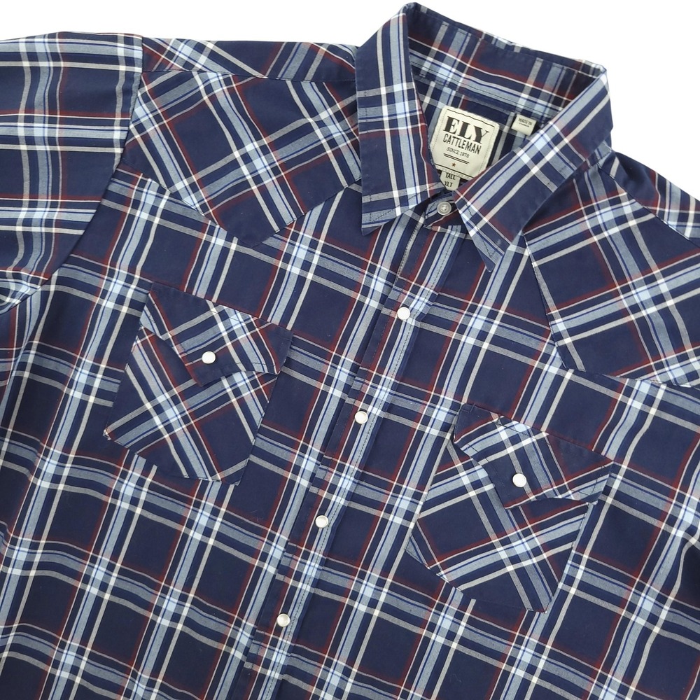Ely Cattleman Shirt Mens XLT Blue Plaid Short Sleeve Snap Western‎ Cowboy Casual